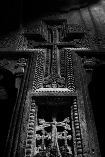  An armenian cross ‟khachkar‟ inside the Geghard monastery church,  founded in the 4th century.