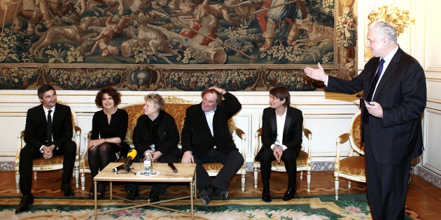  His excellency Ambassador of Russia Alexandre Orlov before Arnaud Frilley, Josee Dayan, Filipp Yankovsky, Fanny Ardant and Gerard Depardieu at the press-conference at his residence of  in Paris. 13 December 2011.